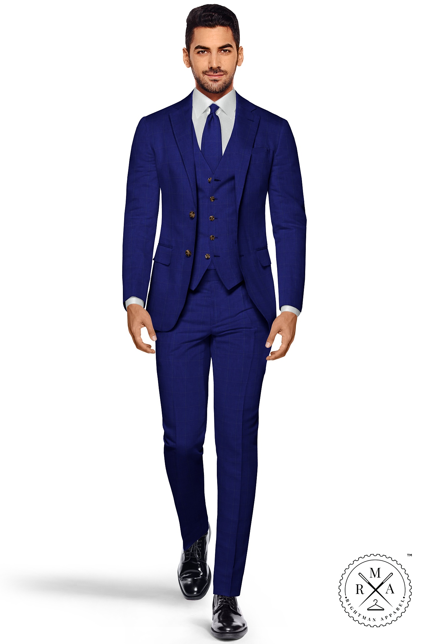 Blue Three Piece Suit With White Dotted Checks SU68